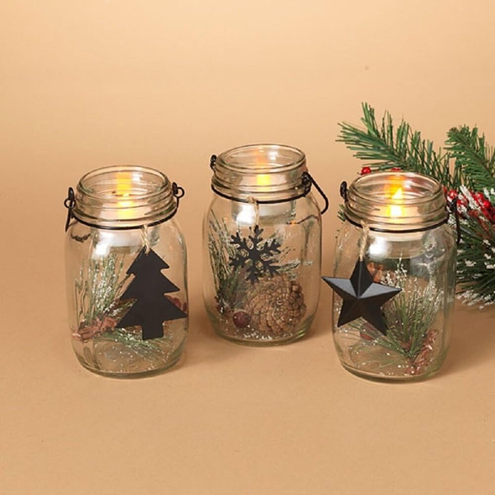 Decorative Mason Jar Candle Holders With Lid & Wire Handle Set Of 3